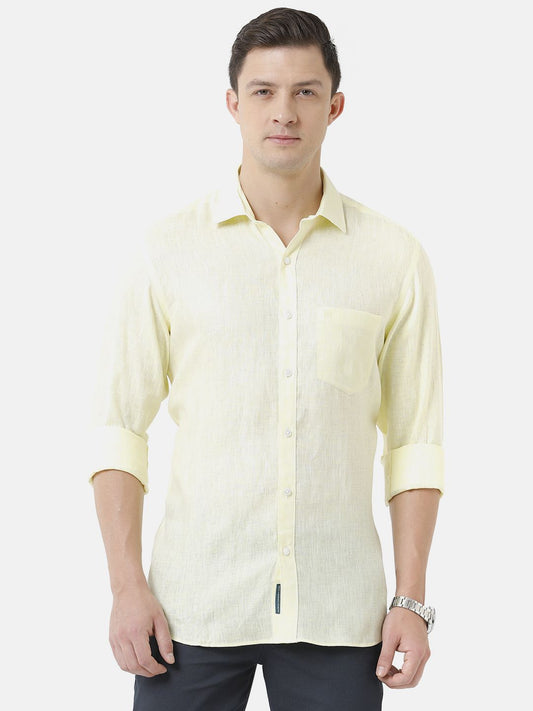 Men's Pure Linen Yellow Solid Contemporary Fit Full Sleeve Sleeve Casual Shirt