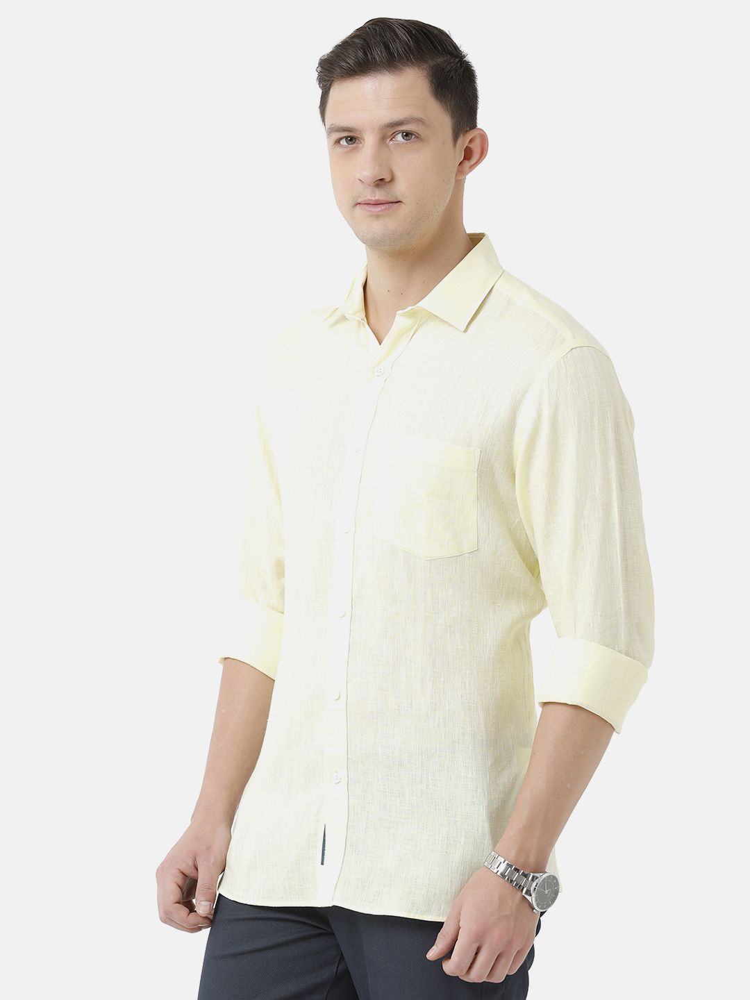 Men's Pure Linen Yellow Solid Contemporary Fit Full Sleeve Sleeve Casual Shirt