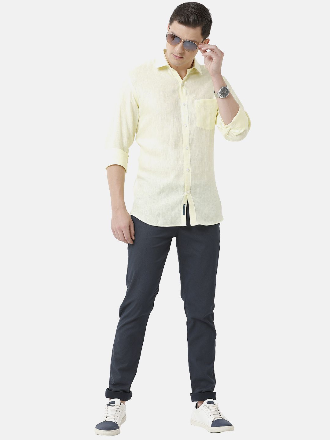 Men's Pure Linen Yellow Solid Contemporary Fit Full Sleeve Sleeve Casual Shirt