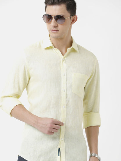 Men's Pure Linen Yellow Solid Contemporary Fit Full Sleeve Sleeve Casual Shirt