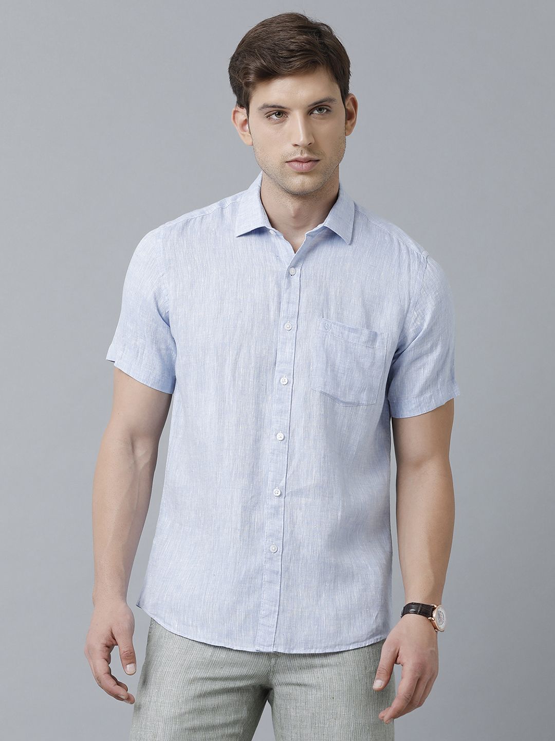 Men's Pure Linen Blue Solid Contemporary Fit Half Sleeve Sleeve Casual Shirt