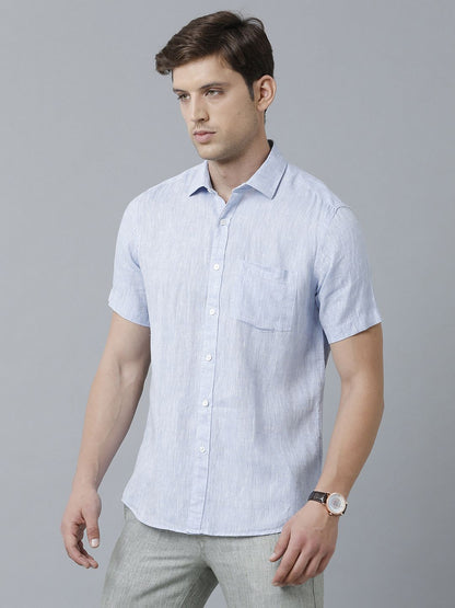 Men's Pure Linen Blue Solid Contemporary Fit Half Sleeve Sleeve Casual Shirt