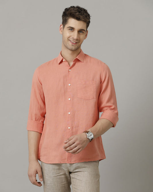 Men's Pure Linen Red Solid Contemporary Fit Full Sleeve Sleeve Casual Shirt