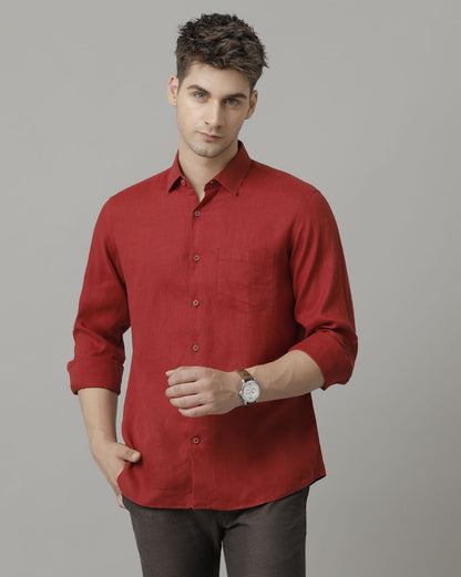 Men's Pure Linen Red Solid Contemporary Fit Full Sleeve Sleeve Casual Shirt