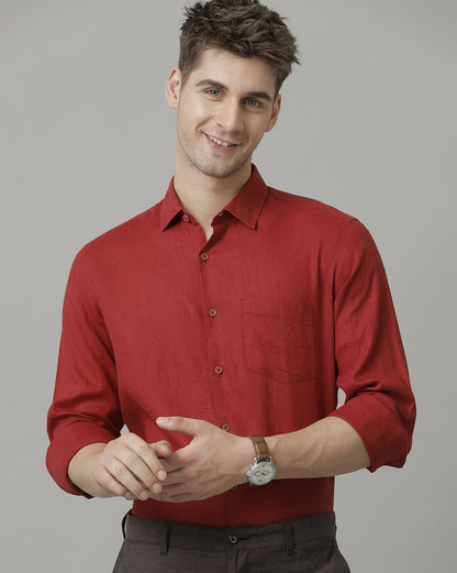 Men's Pure Linen Red Solid Contemporary Fit Full Sleeve Sleeve Casual Shirt