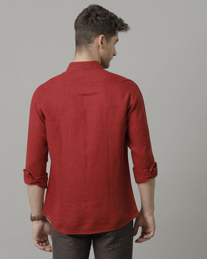 Men's Pure Linen Red Solid Contemporary Fit Full Sleeve Sleeve Casual Shirt