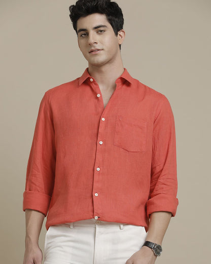 Men's Pure Linen Red Solid Contemporary Fit Full Sleeve Sleeve Casual Shirt