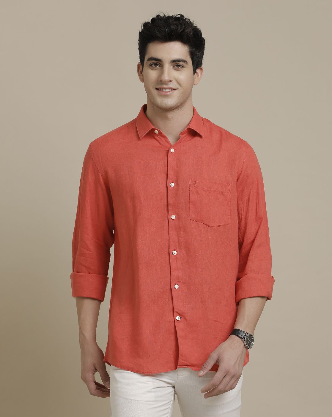 Men's Pure Linen Red Solid Contemporary Fit Full Sleeve Sleeve Casual Shirt