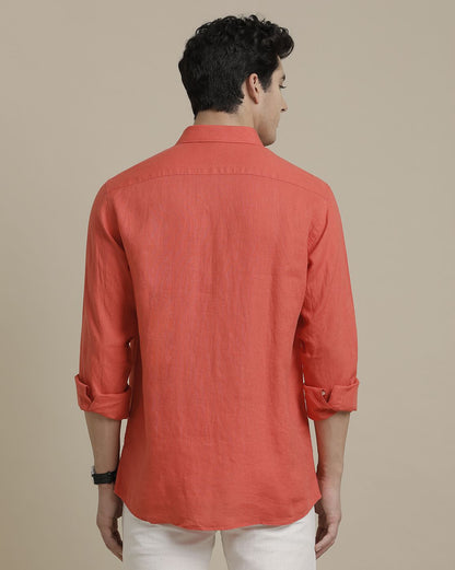 Men's Pure Linen Red Solid Contemporary Fit Full Sleeve Sleeve Casual Shirt