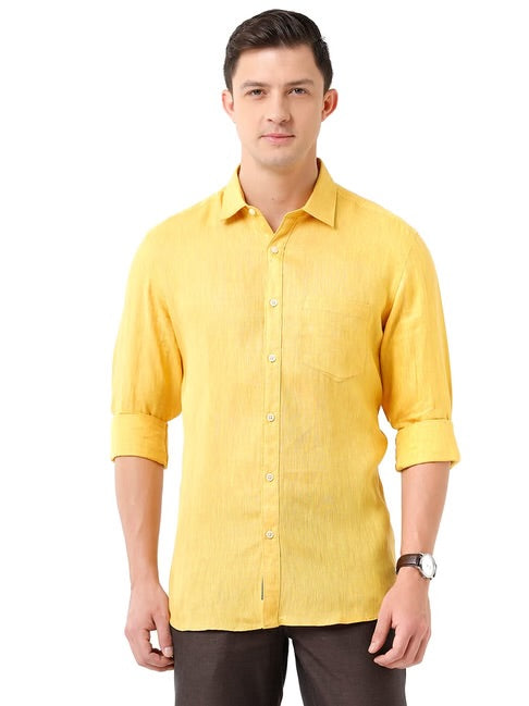 Men's Linen Yellow Solid Contemporary Fit Full Sleeve Sleeve Casual Shirt