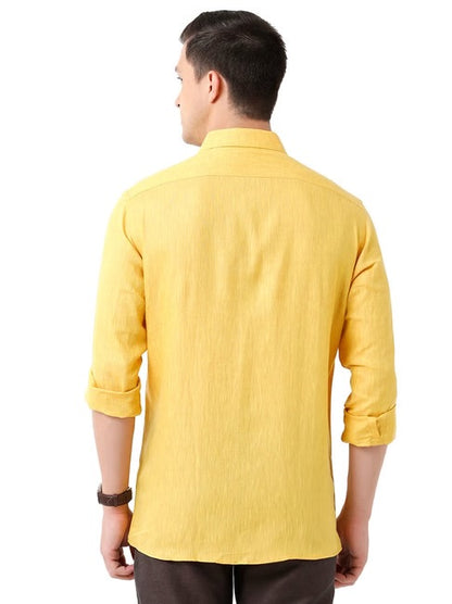 Men's Linen Yellow Solid Contemporary Fit Full Sleeve Sleeve Casual Shirt