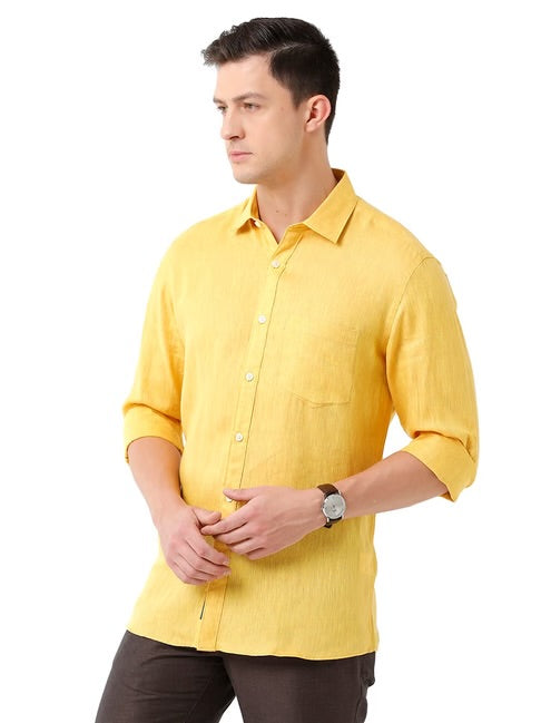 Men's Linen Yellow Solid Contemporary Fit Full Sleeve Sleeve Casual Shirt