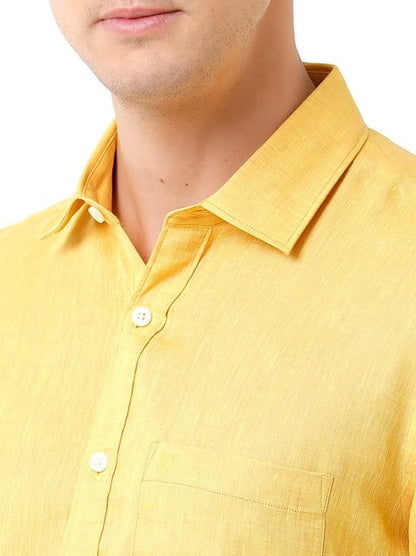 Men's Linen Yellow Solid Contemporary Fit Full Sleeve Sleeve Casual Shirt