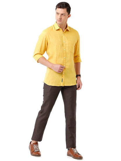 Men's Linen Yellow Solid Contemporary Fit Full Sleeve Sleeve Casual Shirt