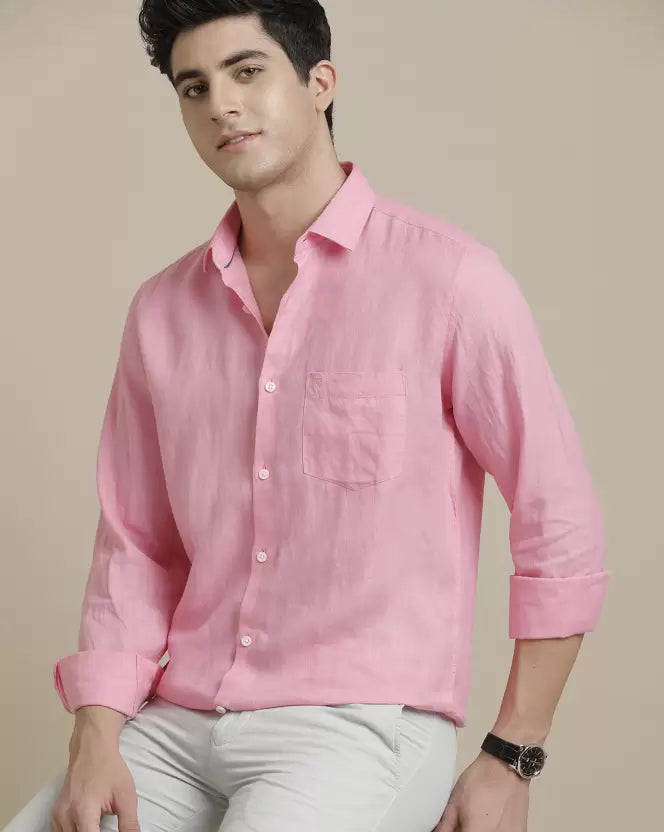 Men's Pure Linen Pink Solid Contemporary Fit Full Sleeve Sleeve Casual Shirt