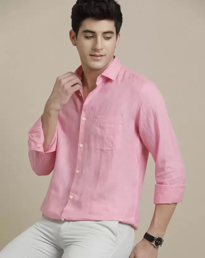 Men's Pure Linen Pink Solid Contemporary Fit Full Sleeve Sleeve Casual Shirt