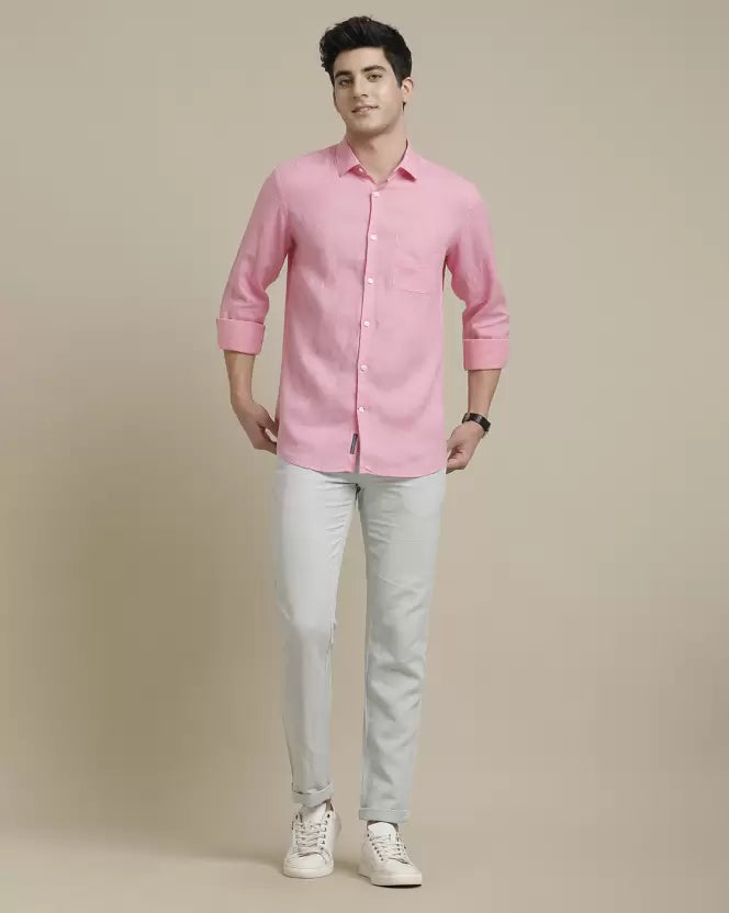 Men's Pure Linen Pink Solid Contemporary Fit Full Sleeve Sleeve Casual Shirt