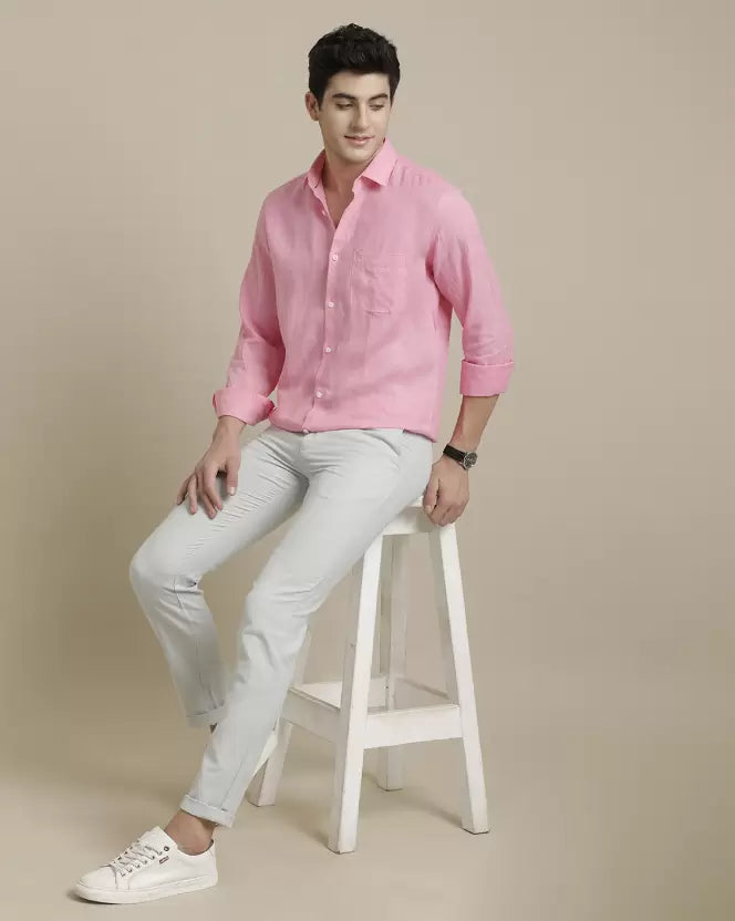 Men's Pure Linen Pink Solid Contemporary Fit Full Sleeve Sleeve Casual Shirt