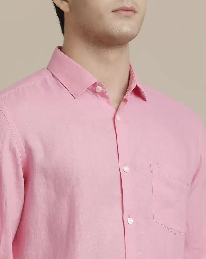 Men's Pure Linen Pink Solid Contemporary Fit Full Sleeve Sleeve Casual Shirt