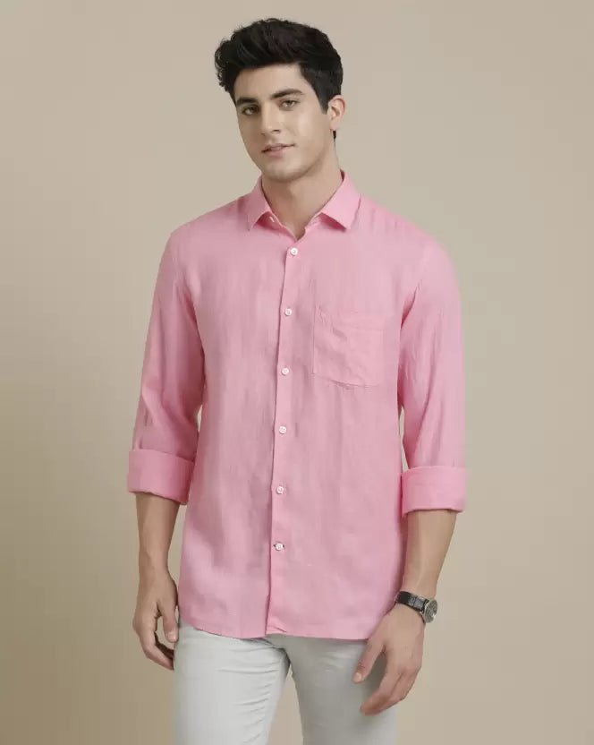 Men's Pure Linen Pink Solid Contemporary Fit Full Sleeve Sleeve Casual Shirt