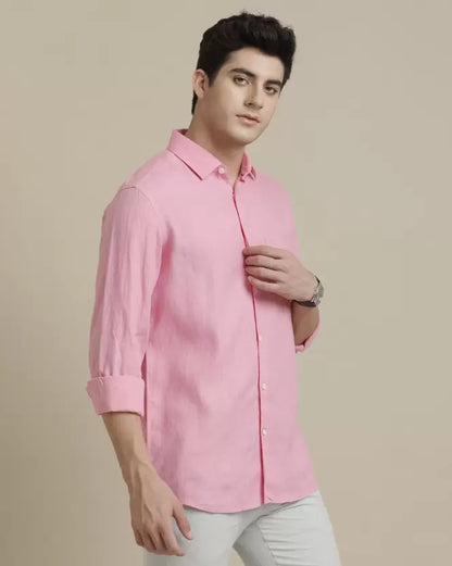 Men's Pure Linen Pink Solid Contemporary Fit Full Sleeve Sleeve Casual Shirt