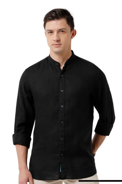 Men's Pure Linen Black Solid Regular Fit Full Sleeve Casual Shirt