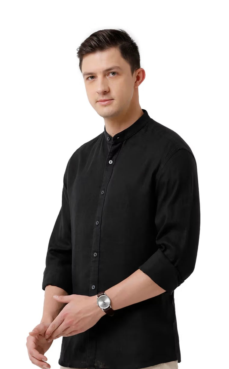 Men's Pure Linen Black Solid Regular Fit Full Sleeve Casual Shirt