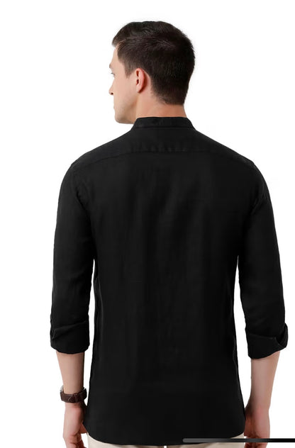 Men's Pure Linen Black Solid Regular Fit Full Sleeve Casual Shirt