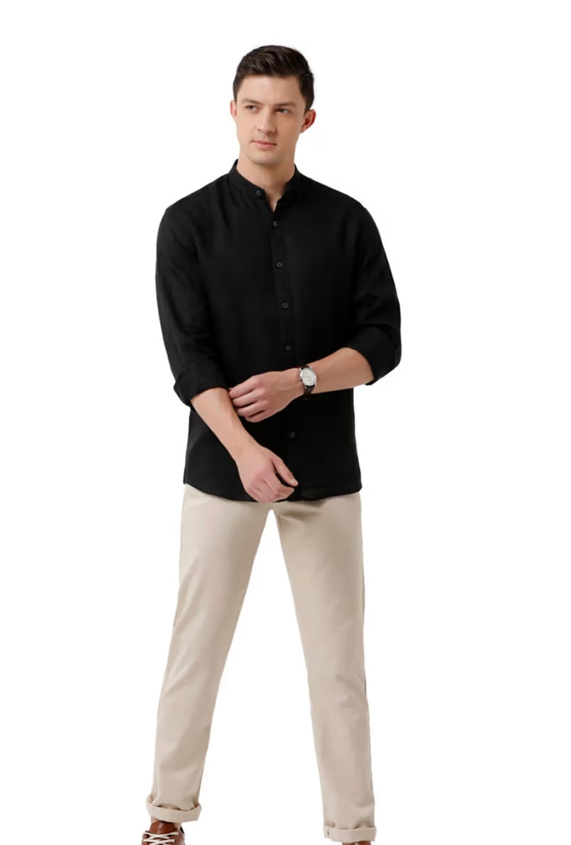 Men's Pure Linen Black Solid Regular Fit Full Sleeve Casual Shirt