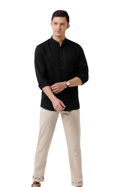 Men's Pure Linen Black Solid Regular Fit Full Sleeve Casual Shirt