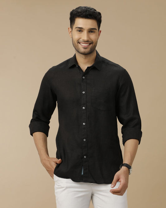 Men's Pure Linen Black Solid Contemporary Fit Full Sleeve Sleeve Casual Shirt