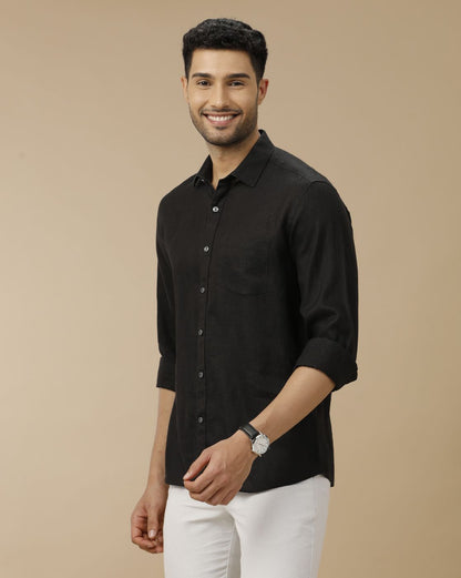 Men's Pure Linen Black Solid Contemporary Fit Full Sleeve Sleeve Casual Shirt