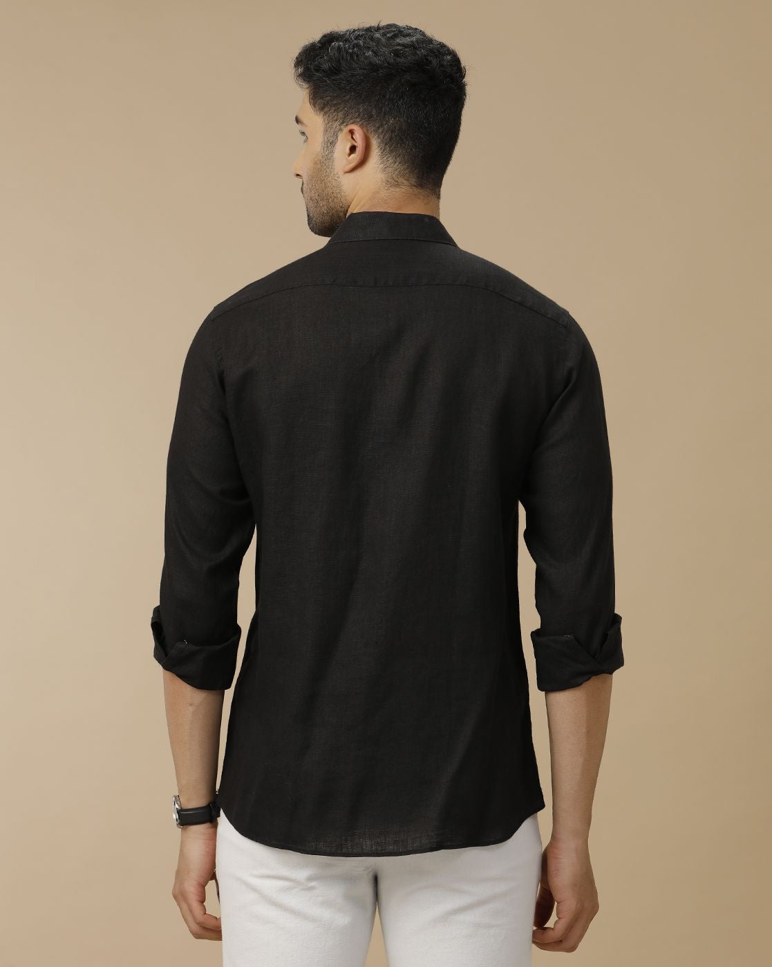 Men's Pure Linen Black Solid Contemporary Fit Full Sleeve Sleeve Casual Shirt