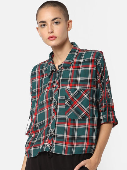 ONLY Women Teal Blue & Red Regular Fit Checked Casual Shirt