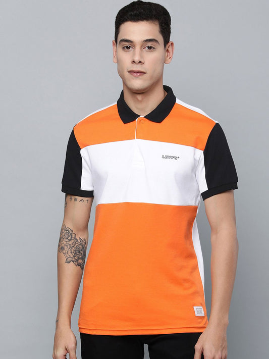 Levi's Men Orange & White Color blocked Polo Collar T-shirt