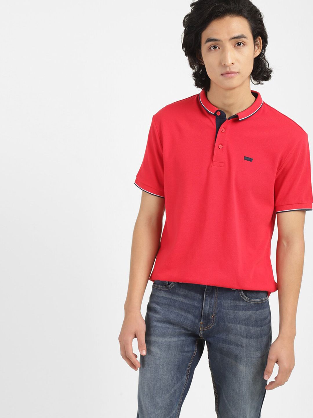 Levi's Men Henley Neck Pure Cotton Red Polo T-shirt