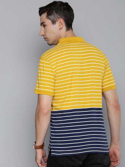 Levi's Men Yellow & Navy Blue Striped Polo Collar Pure Cotton T-shirt