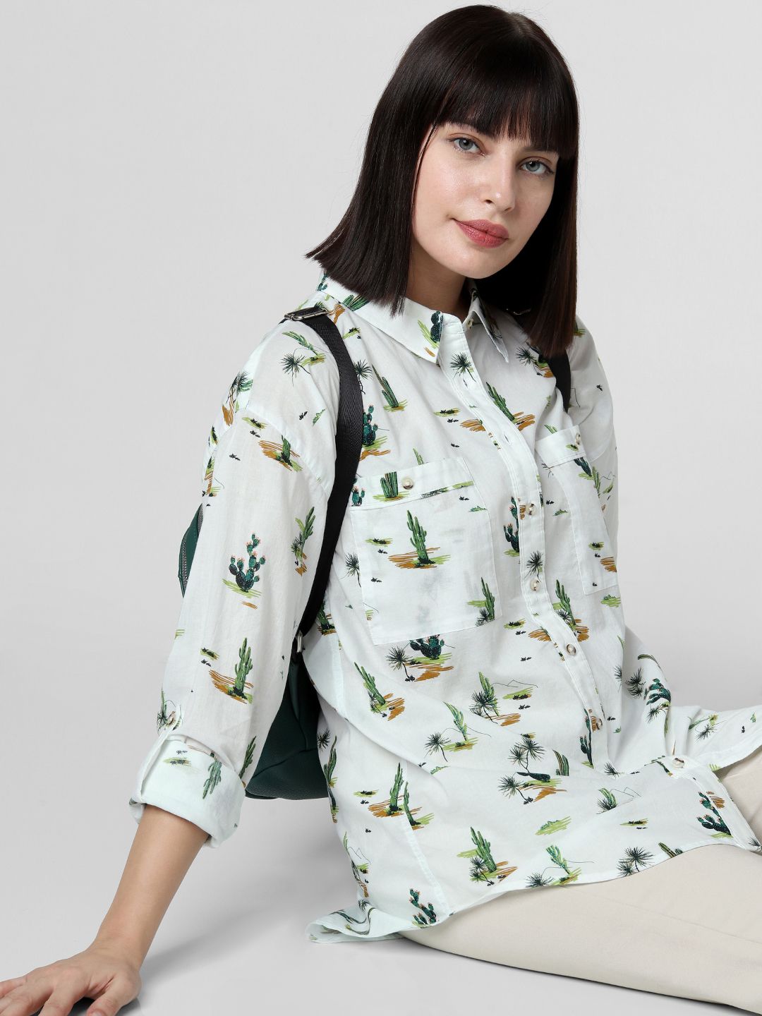 Vero Moda Women White & Green Regular Fit Printed Casual Shirt