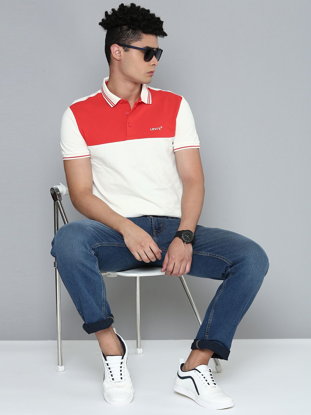 Levi's Men White & Red Color blocked Pure Cotton Polo Collar T-shirt