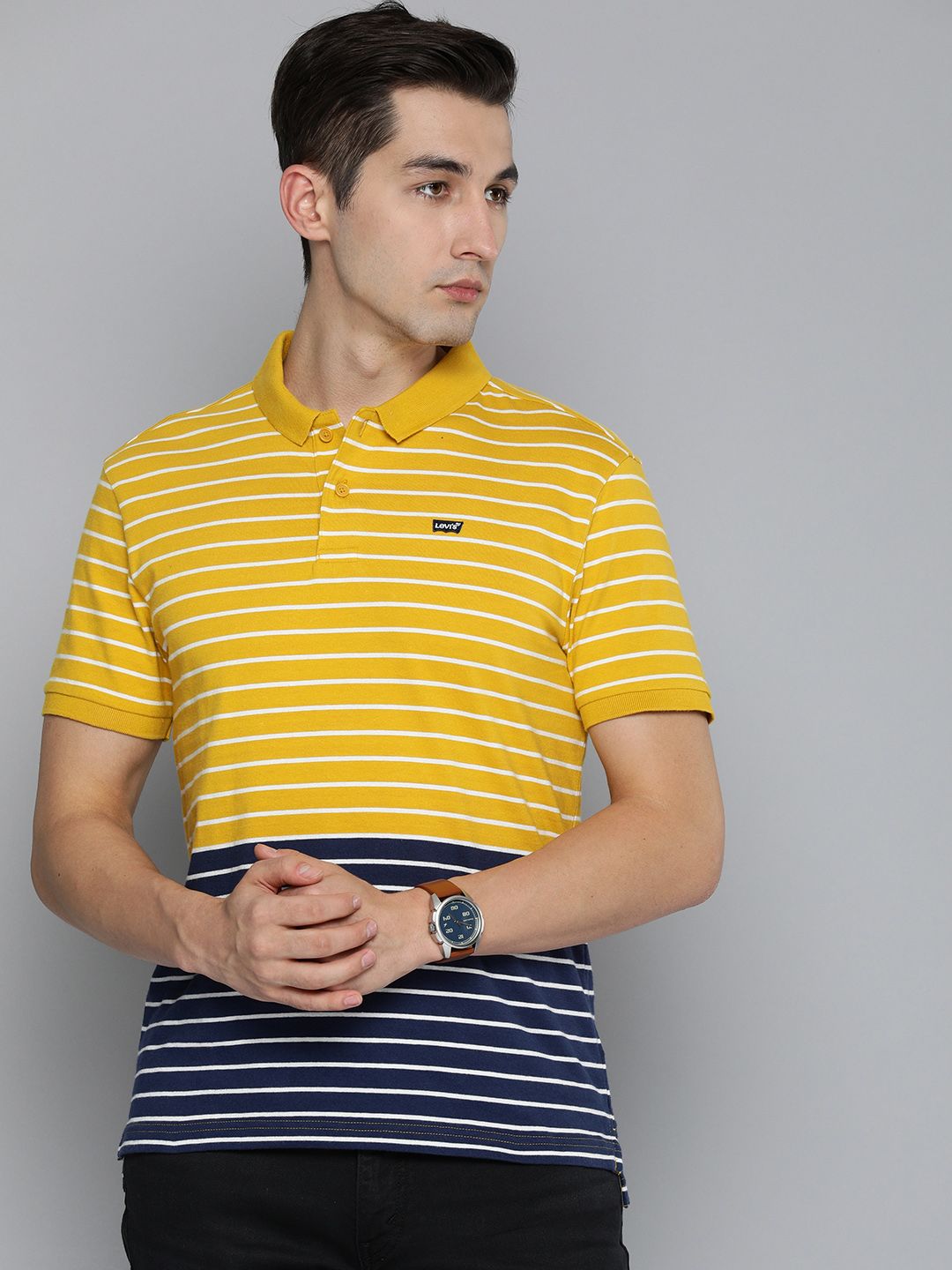 Levi's Men Yellow & Navy Blue Striped Polo Collar Pure Cotton T-shirt