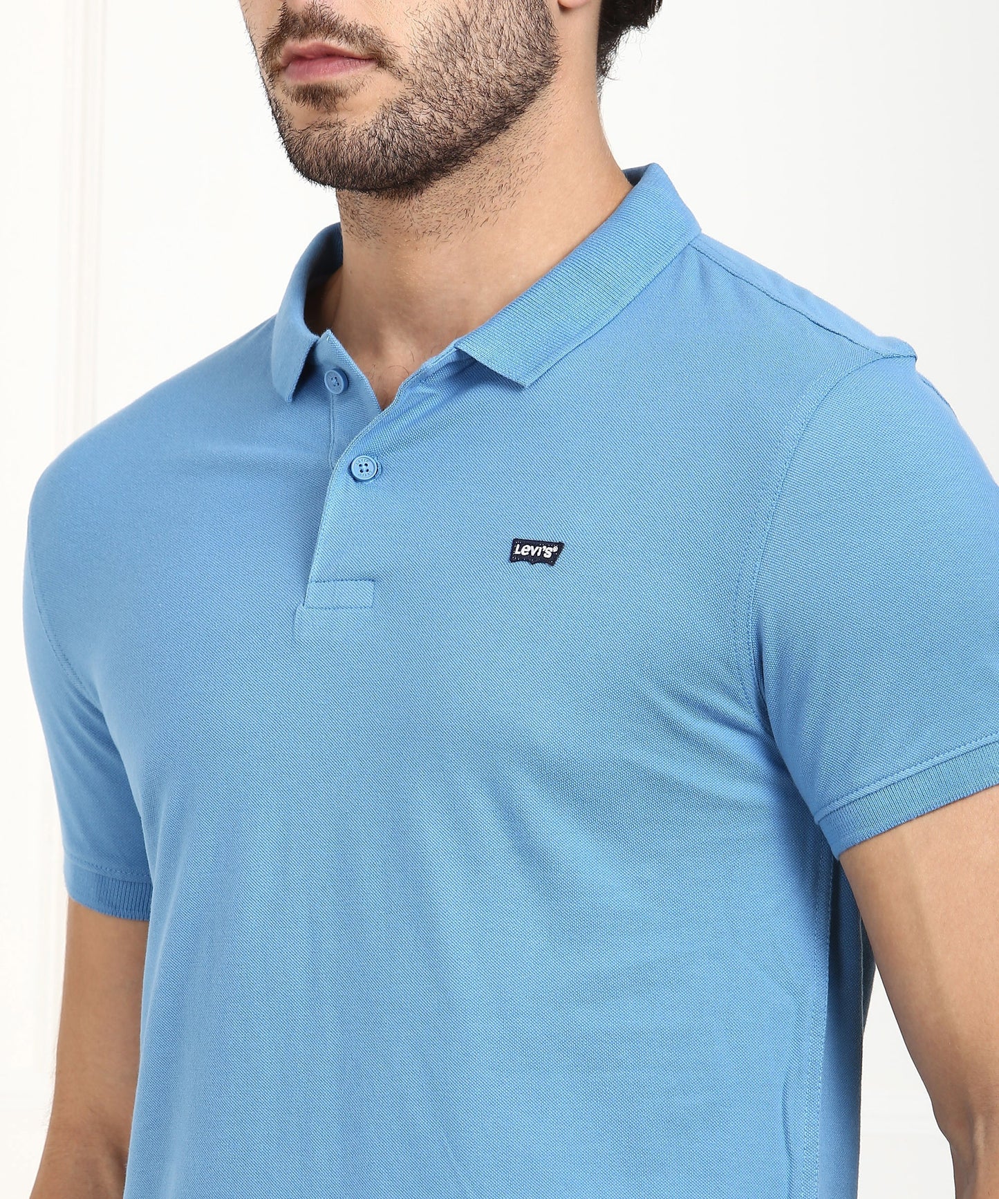 Levi's Men Solid Polo Neck Cotton Blend Blue T-Shirt