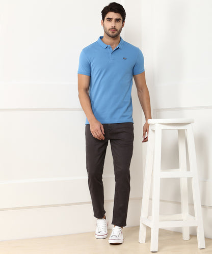 Levi's Men Solid Polo Neck Cotton Blend Blue T-Shirt