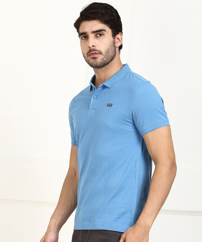 Levi's Men Solid Polo Neck Cotton Blend Blue T-Shirt