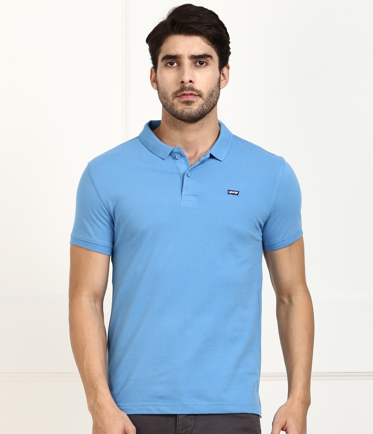 Levi's Men Solid Polo Neck Cotton Blend Blue T-Shirt