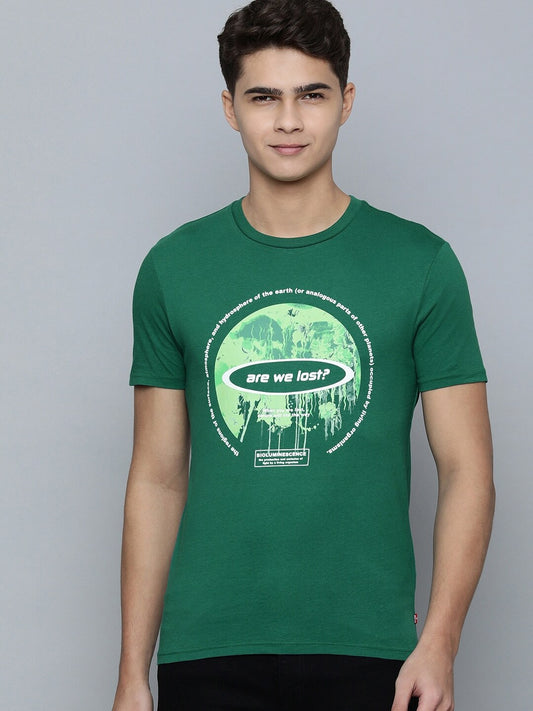 Levi's Men Printed Round Neck Pure Cotton Green T-Shirt