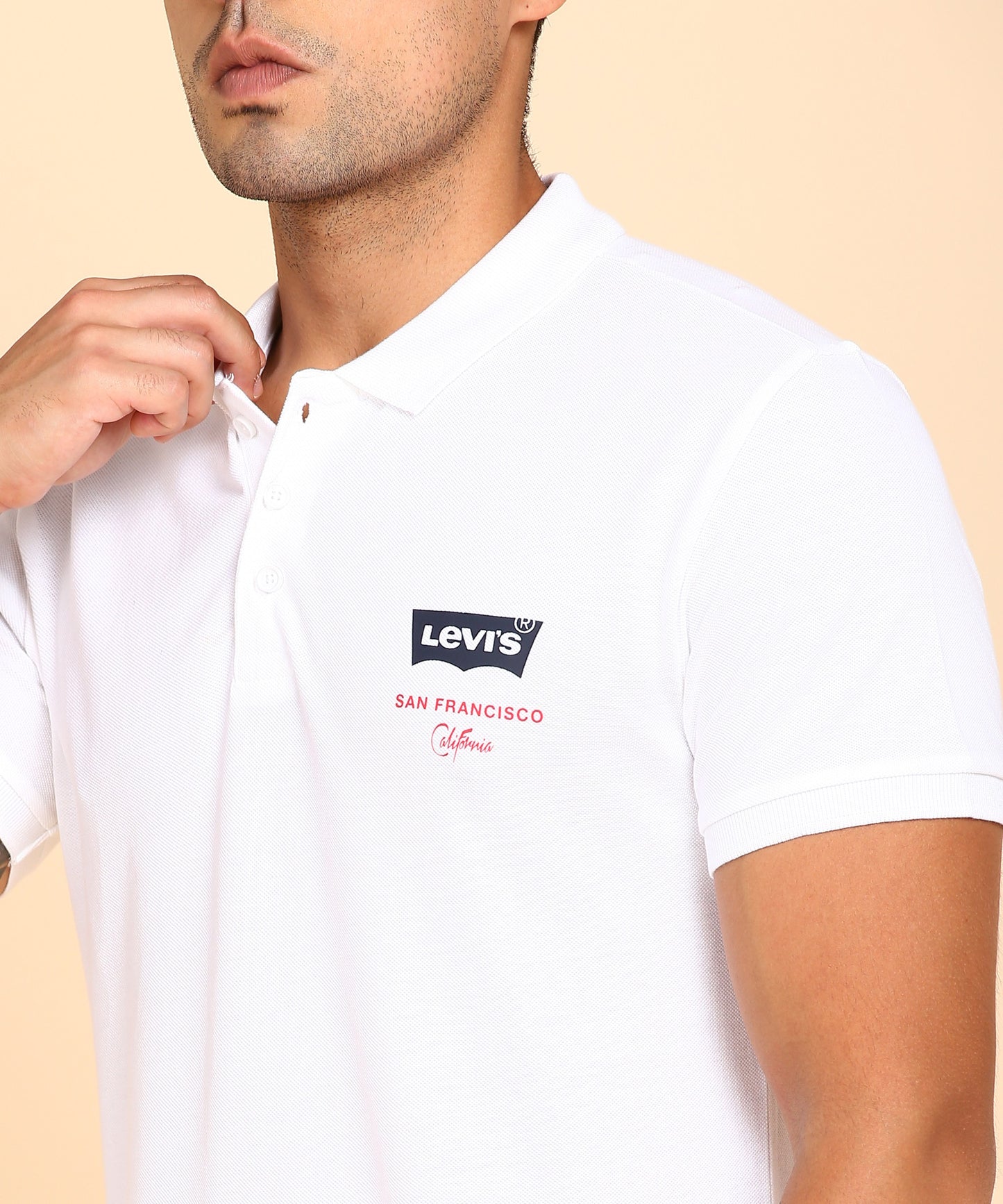 Levi's Men Solid Polo Neck Cotton Blend White T-Shirt