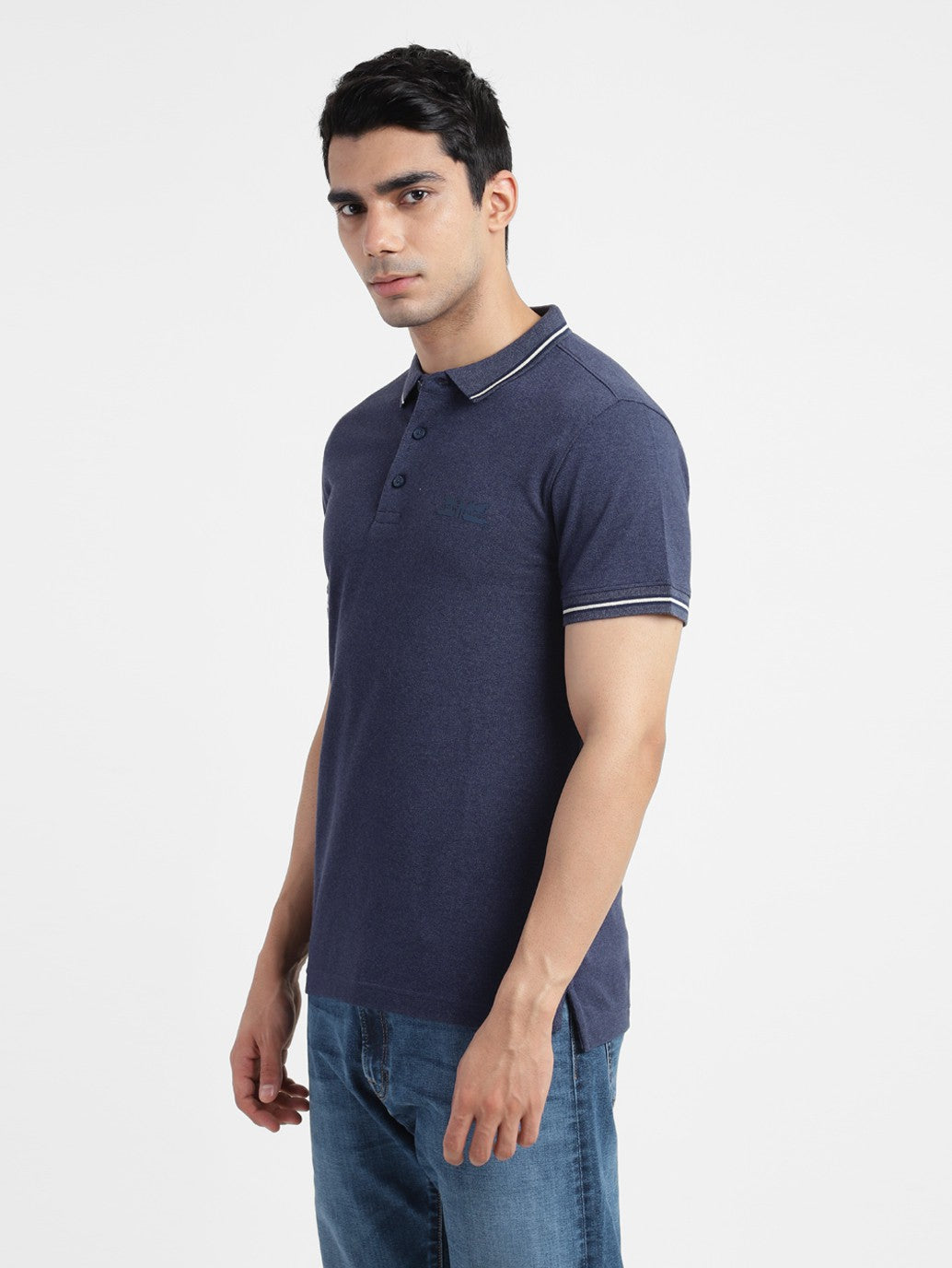 Levi's  Men Solid Polo Neck Cotton Blend Blue T-Shirt