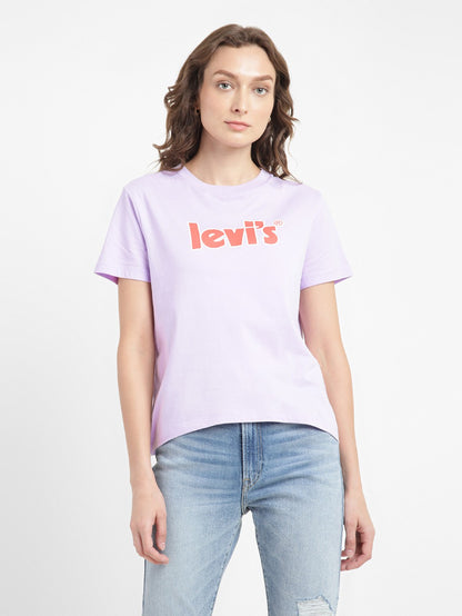 Levi's Crew Neck Tee Women Graphic Print Crew Neck Pure Cotton Purple T-Shirt