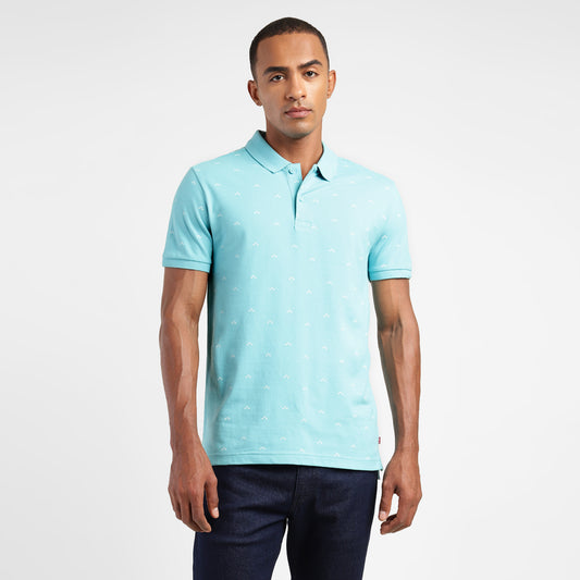 Levi's Men Solid Polo Neck Pure Cotton Aqua Blue With Geometry T-Shirt