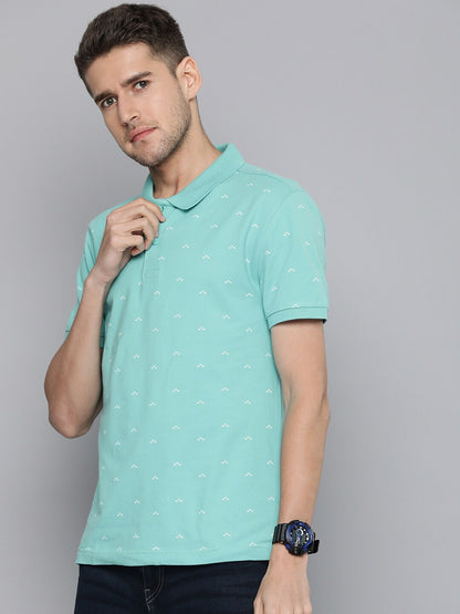 Levi's Men Solid Polo Neck Pure Cotton Aqua Blue With Geometry T-Shirt